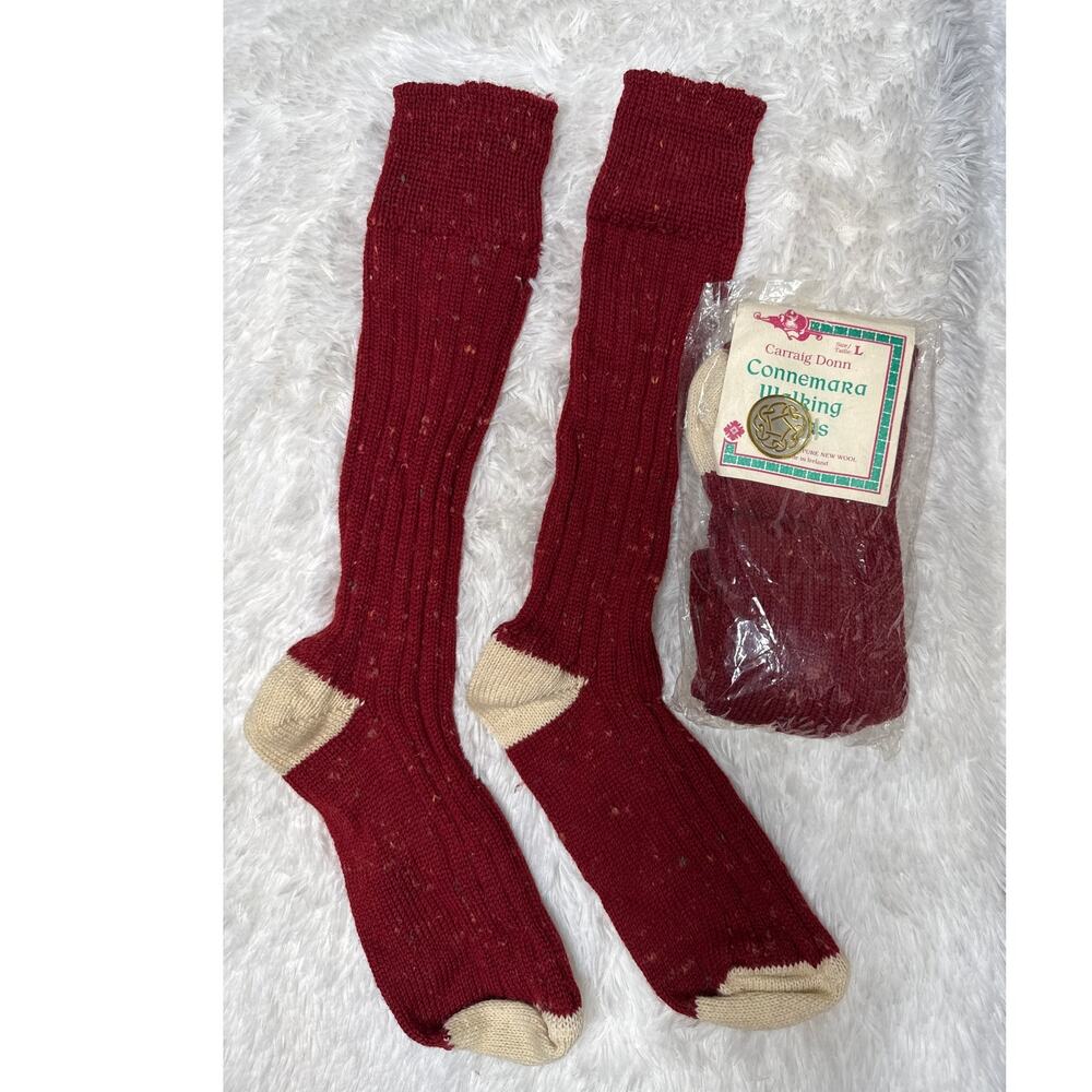 1980s Vintage Carraig Donn Irish Wool Knee-High Socks Red NEW 2 pairs NWT Size L
